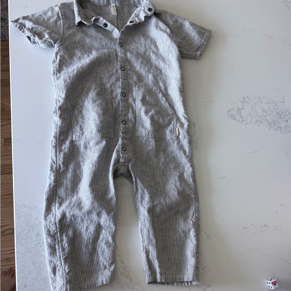 Rylee & Cru Gray Striped Linen Romper